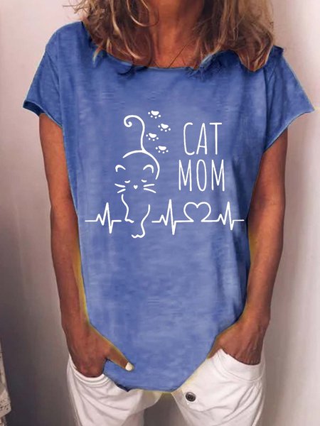 

Women's Funny Cat Mom Casual Crew Neck Cotton-Blend T-Shirt, Blue, T-shirts