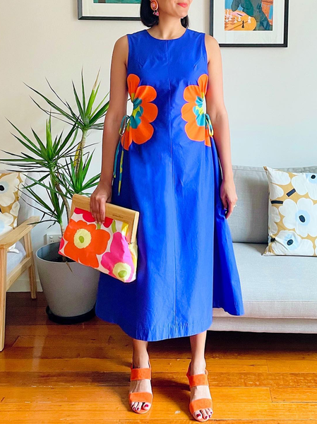 Crew Neck Elegant Floral Regular Fit Dress, Blue, Maxi Dresses