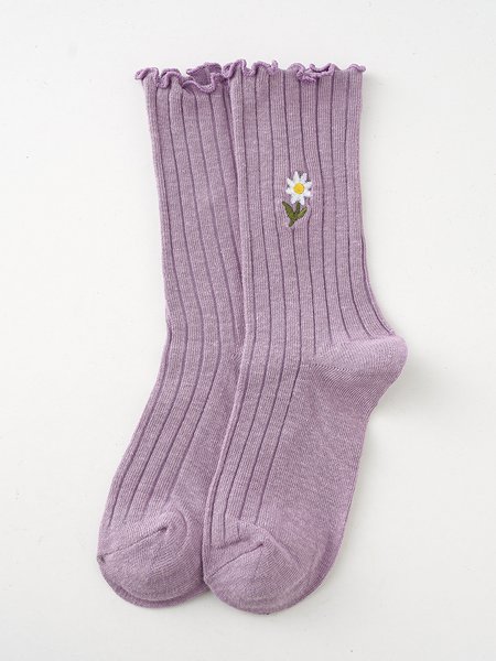 Casual Floral Embroidered Cotton Socks Daily Commuting Outdoor Accessories, Purple, Socks