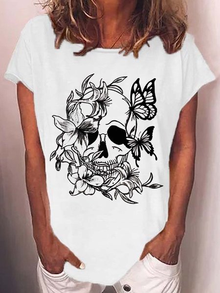 

Women's Skull With Lilies And Butterflies Casual T-Shirt, White, T-shirts