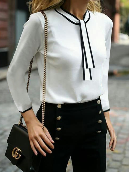 

Crew Neck Color Long sleeve Block Urban Regular Fit Blouse, White, Blouses and Shirts