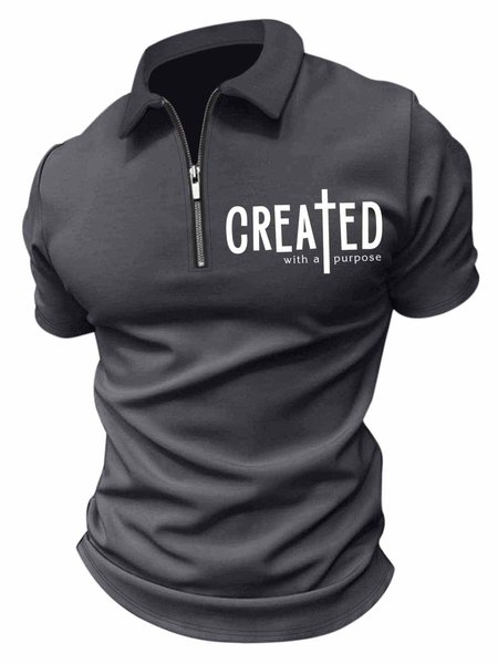 

Men's Created With A Purpose Funny Graphic Print Regular Fit Casual Text Letters Polo Collar Polo Shirt, Deep gray, T-shirts