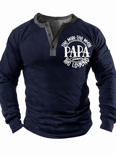 

Men’s Papa The Man The Myth The Legend Regular Fit Text Letters Half Open Collar Casual Top, Deep blue, Long Sleeves