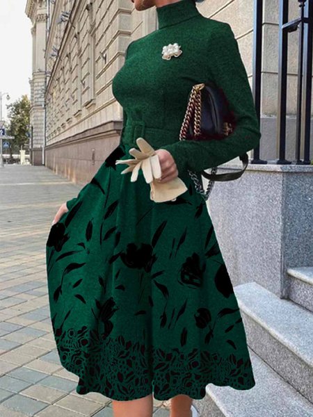 

Elegant Stand Collar Floral Print Dress, Green, Midi Dresses