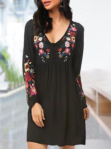 

Boho Floral V Neck Loose Dress, Black, Dresses