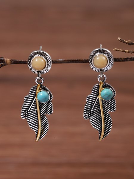 

Bohemia Vintage Colorful Natural Stone Leaf Pattern Earrings Ethnic Jewelry, Silver, Earrings
