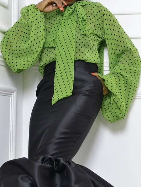 

Polka Dots Loose Elegant Long Sleeve Blouse, Green, Blouses and Shirts