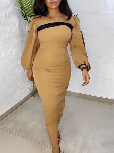 

Elegant Regular Fit Color Block Crew Neck Midi Dress, Khaki, Midi Dresses
