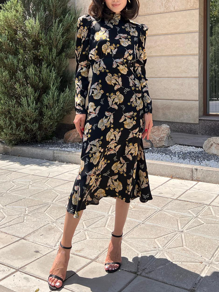 

Elegant Half Turtleneck Regular Fit Floral Dress & Party Dress, Black, Midi Dresses