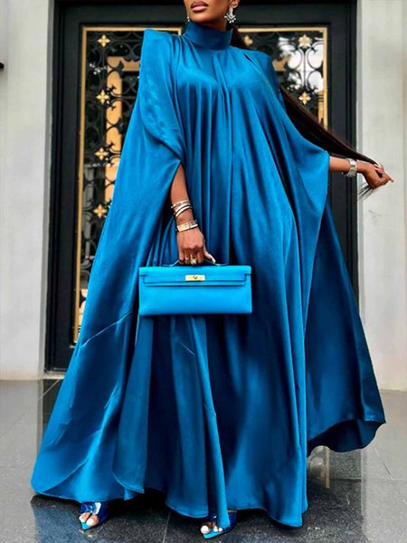 

Stand Collar Elegant Plain Loose Satin Dress, Blue, Maxi Dresses