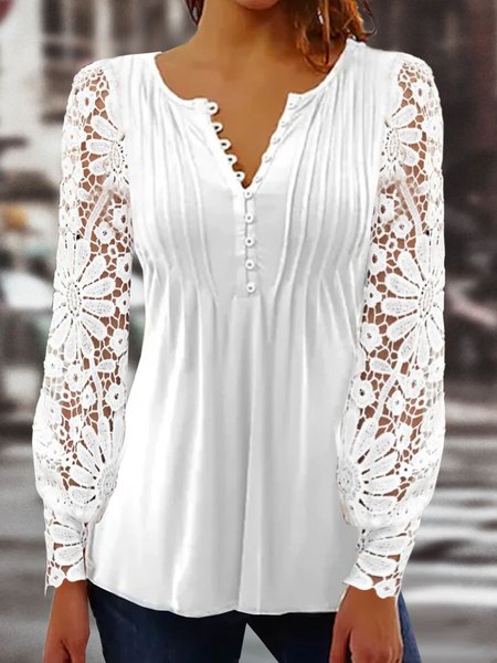 

Women Basic Ruched Lace Floral Hollow Out V Neck Buttoned Plain Long Sleeve Tunic Top, White, Tunics