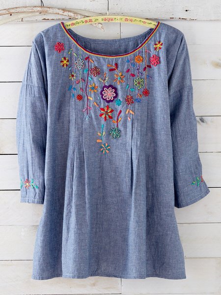 

Casual Crew Neck Floral Cotton Top, Blue, Tops