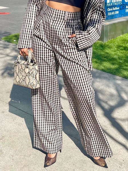 

Elegant Plaid Fashion Pants, Black-white, Pants