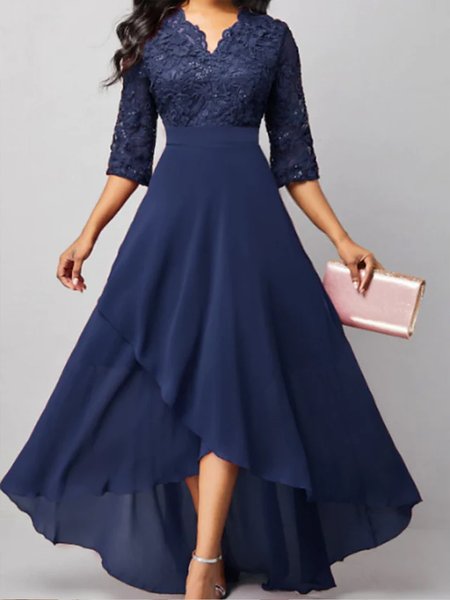 

V Neck Plain Urban Dress, Blue, Formal Dresses