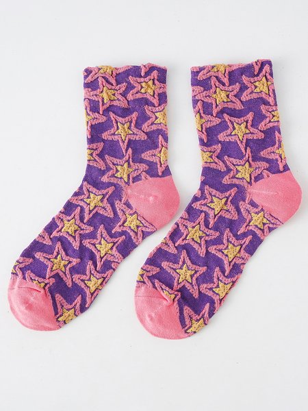 

Casual Lace Stitching Cotton Star Pattern High Stretch Socks Daily Commuting Accessories, Purple, Socks