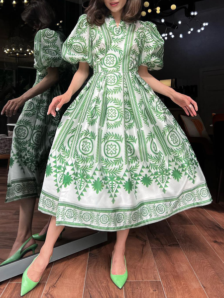 

Short sleeve V Neck Geometric Elegant Dress, White, Maxi Dresses