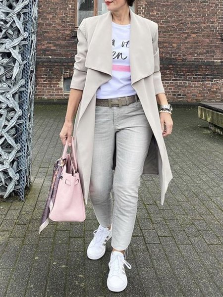 

Loose Casual Shawl Collar Woolen Overcoat, Beige, Coats