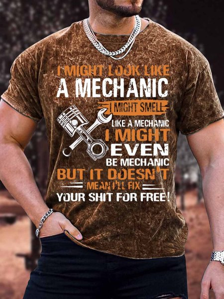 

Men's i might look like a mechanic i might smell like a mechanic i'll fix your things for free Funny Printing Crew Neck Text Letters Loose Casual T-Shirt, Brown, T-shirts