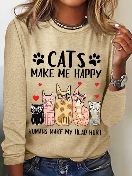 

Women's Funny Word Cat Make Me Happy Simple Cotton-Blend Long Sleeve Top, Khaki, Long sleeves