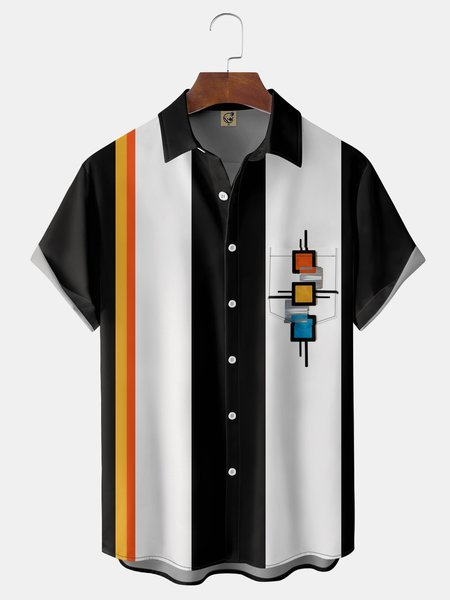 

Geometric Pattern Chest Pocket Short Sleeve Bowling Shirt, Black, Men Shirts
