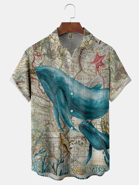

Whale Chest Pocket Short Sleeve Hawaiian Shirt, Khaki, Men Shirts