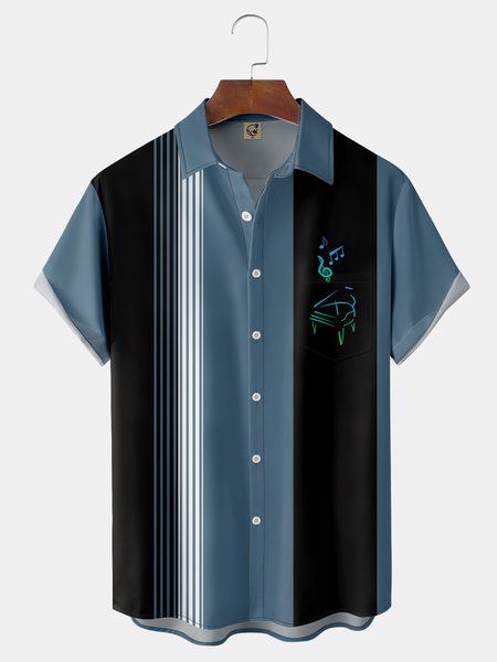 

Art Piano Chest Pocket Short Sleeve Shirt, Black, Men Shirts