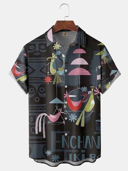 

Tiki Chest Pocket Short Sleeve Hawaiian Shirt, Black, Men Shirts