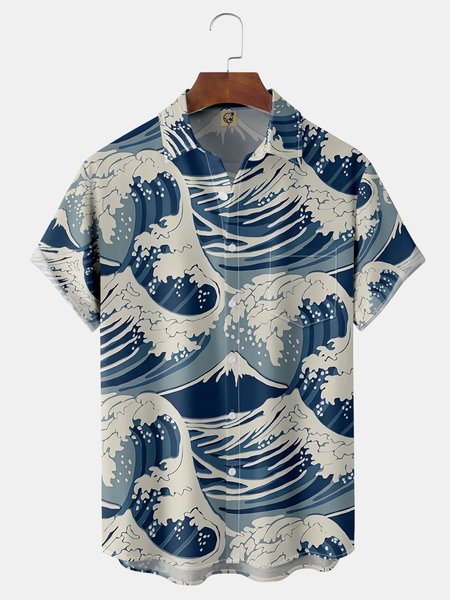 

Japanese Ukiyoe Wave Chest Pocket Short Sleeve Hawaiian Shirt, Blue, Men Shirts