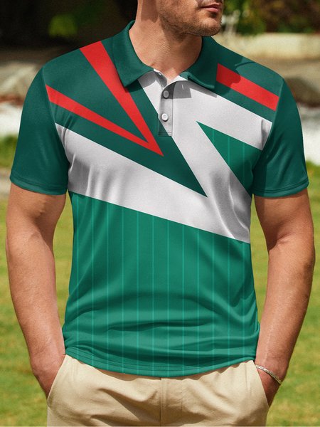 

Color Block Button Short Sleeve Golf Polo, Green, Polo Shirts