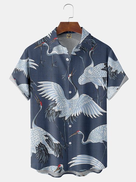 Japanese Ukiyoe Crane Chest Pocket Short Sleeve Hawaiian Shirt, Blue, Men Shirts