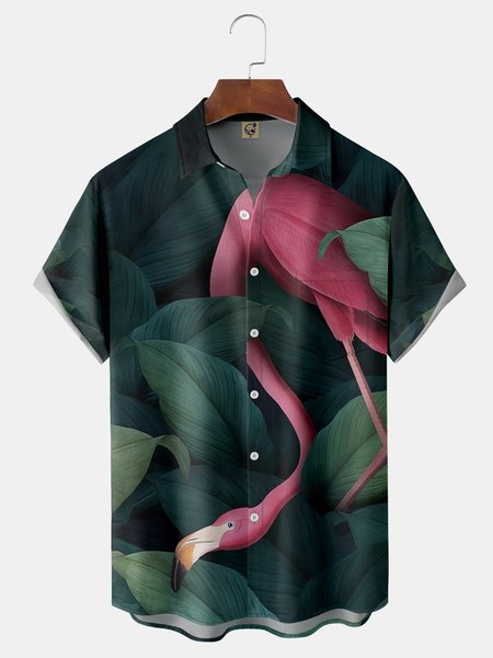 

Flamingo Chest Pocket Short Sleeve Hawaiian Shirt, Green, Men Shirts