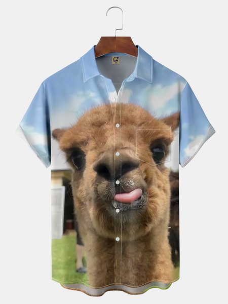 

Alpaca Chest Pocket Short Sleeve Casual Shirt, Blue, Men Shirts