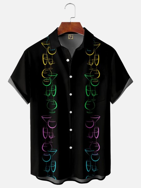 

Wine Glass Chest Pocket Short Sleeve Bowling Shirt, Black, Short Sleeve Shirts
