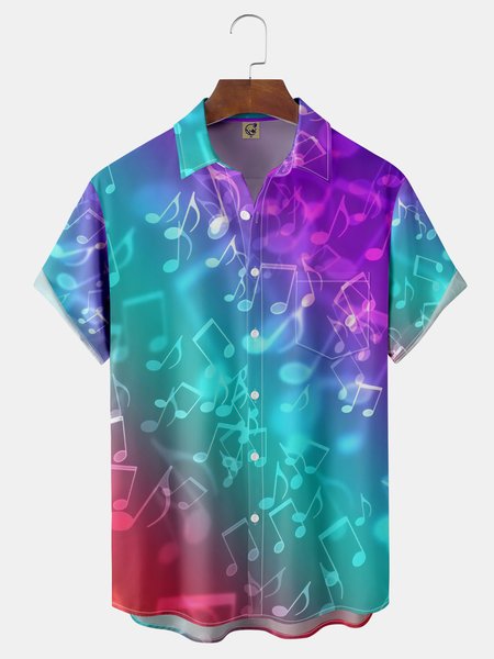 

Music Notes Chest Pocket Short Sleeve Casual Shirt, Green, Men Shirts