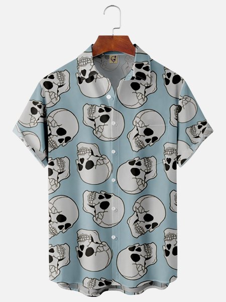 

Skull Chest Pocket Short Sleeve Casual Shirt, Blue, Men Shirts