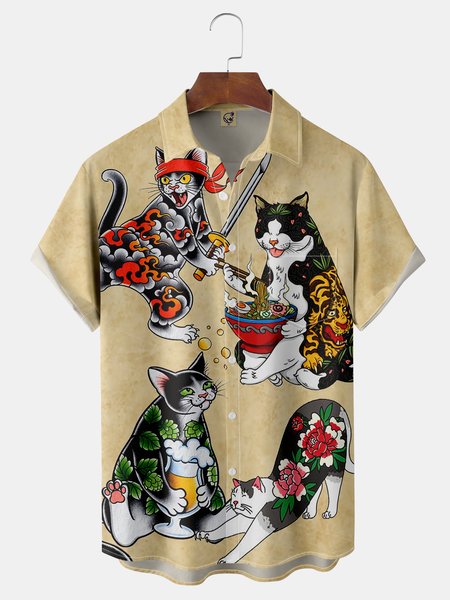 

Japanese Ukiyoe Cats Chest Pocket Short Sleeve Casual Shirt, Khaki, Men Shirts