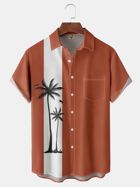 

Coconut Tree Chest Pocket Short Sleeve Bowling Shirt, Orange, Men Shirts