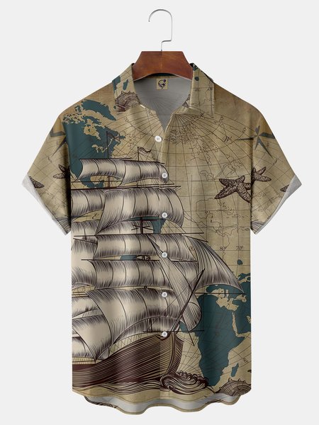 

Sailboat Chest Pocket Short Sleeve Hawaiian Shirt, Khaki, Men Shirts