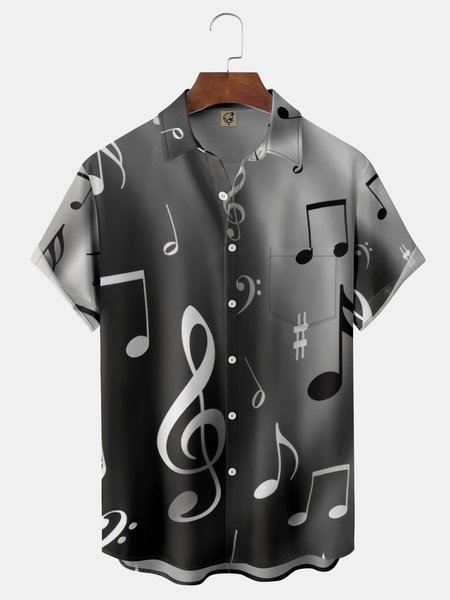 

Music Note Chest Pocket Short Sleeve Casual Shirt, Black, Men Shirts