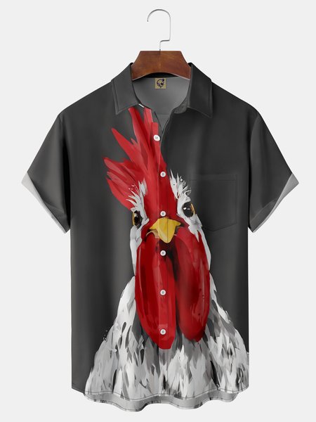 

Rooster Chest Pocket Short Sleeve Casual Shirt, Gray, Men Shirts