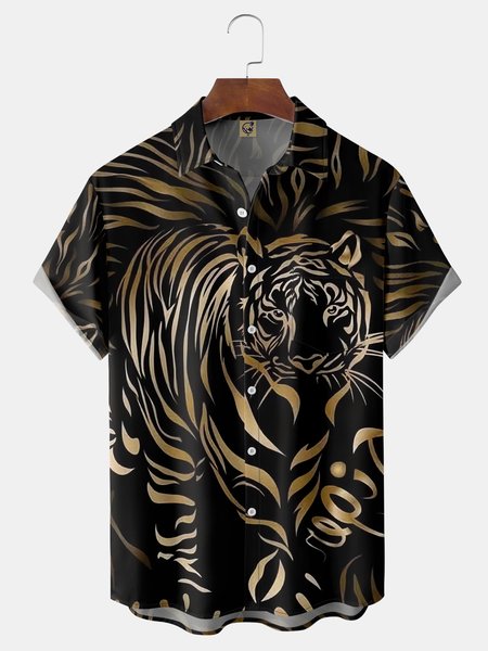 

Tiger Chest Pocket Short Sleeve Casual Shirt, Black, Men Shirts