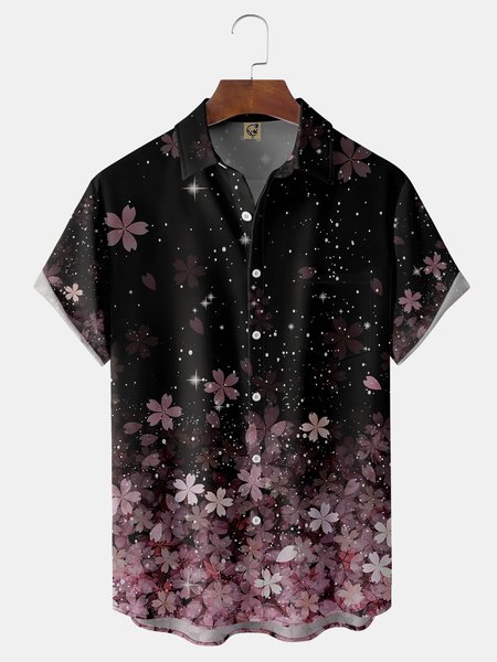

Cherry Blossoms Chest Pocket Short Sleeve Casual Shirt, Black, Men Shirts
