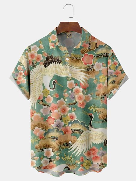 

Japanese Ukiyoe Chest Pocket Short Sleeve Casual Shirt, Green, Men Shirts