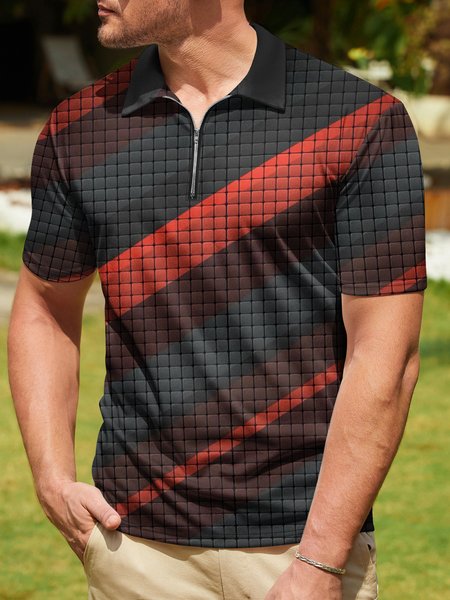 

Geometric Zip Short Sleeve Golf Polo, Black, Polo Shirts