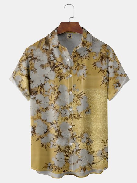 

Ukiyo-e Chest Pocket Short Sleeve Shirt, Yellow, Men Shirts
