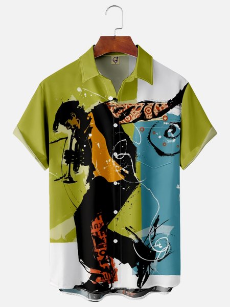 

Music Chest Pocket Short Sleeve Casual Shirt, Green, Men Shirts