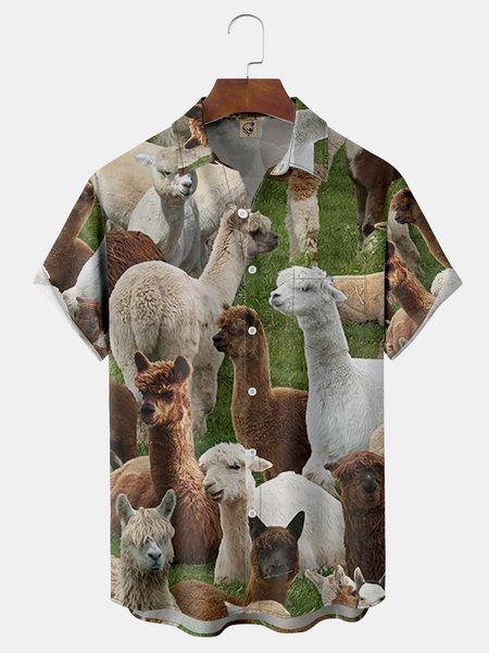 

Alpaca Chest Pocket Short Sleeve Casual Shirt, Green, Men Shirts