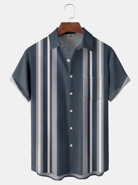 

Stripe Chest Pocket Short Sleeve Bowling Shirt, Blue, Men Shirts