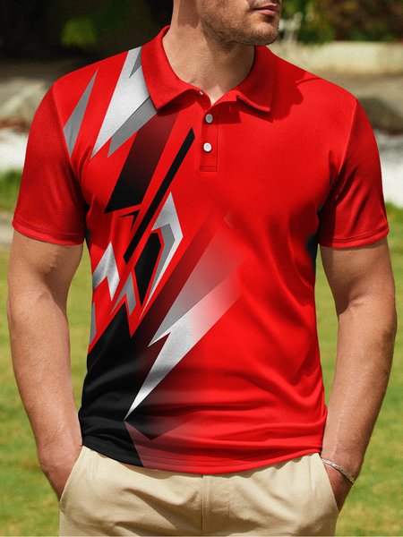 

Gradient Abstract Geometric Button Short Sleeve Golf Polo, Red, Polo Shirts