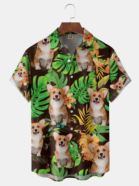 

Animal Dog Chest Pocket Short Sleeve Shirt, Green, Men Shirts